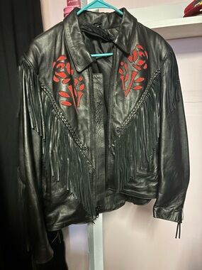 Black Leather Fringe Jacket with Red Rose Appliqué